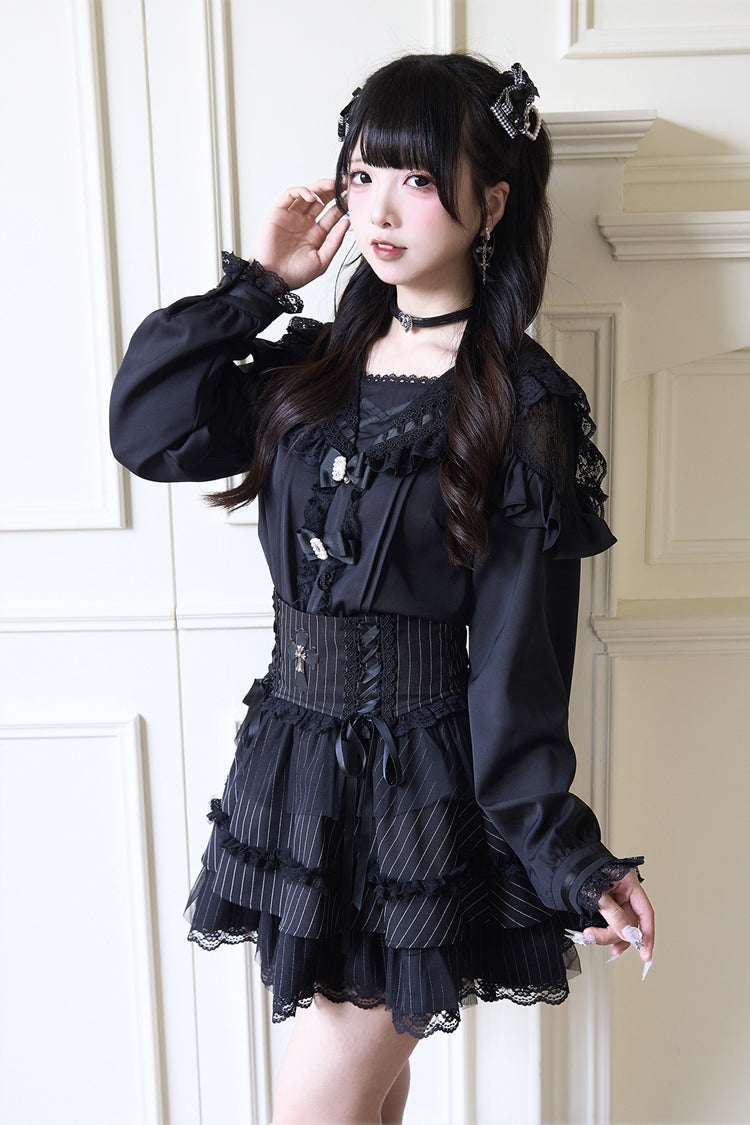 Victorian Lolita Blouse - Jirai Kei Navy Collar, 3 Colors, Long Sleeves, Sweet Style - additional product view 2
