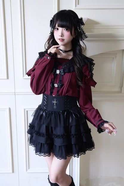 Victorian Lolita Blouse - Jirai Kei Navy Collar, 3 Colors, Long Sleeves, Sweet Style - M Red / L Red option