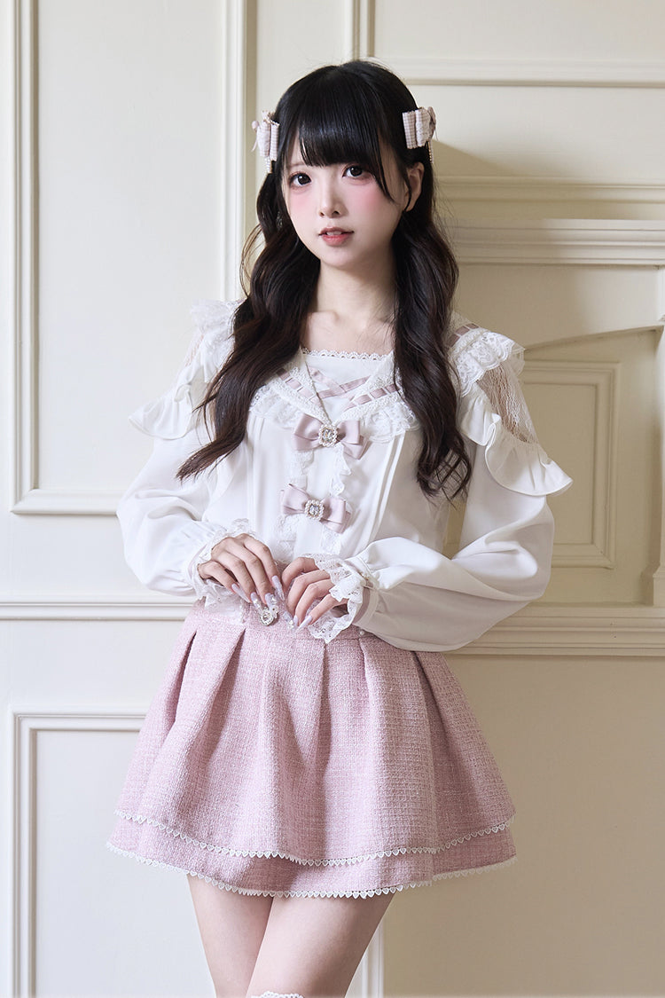 Victorian Lolita Blouse - Jirai Kei Navy Collar, 3 Colors, Long Sleeves, Sweet Style - M White / L White option