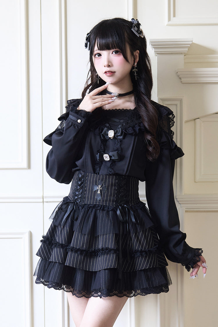 Victorian Lolita Blouse - Jirai Kei Navy Collar, 3 Colors, Long Sleeves, Sweet Style - main product image