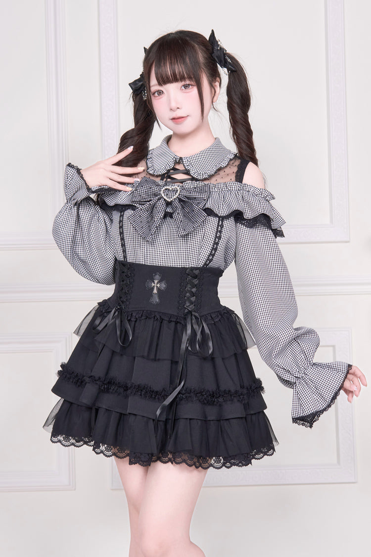 Victorian Lolita Blouse - Jirai Kei Off Shoulder, 3 Colors, Sweet Style, Bow Detail - M Plaid-Print / L Plaid-Print option