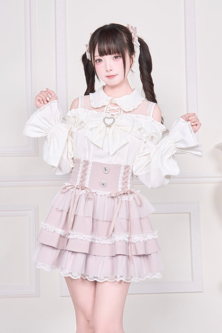 Victorian Lolita Blouse - Jirai Kei Off Shoulder, 3 Colors, Sweet Style, Bow Detail - M White / L White option