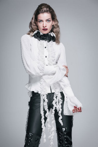 Victorian Lolita Blouse - Lace Up Chiffon Ruffled, White, Women's Style, Bow Detail - additional product view 2