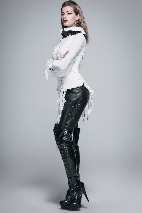 Victorian Lolita Blouse - Lace Up Chiffon Ruffled, White, Women's Style, Bow Detail - additional product view 3