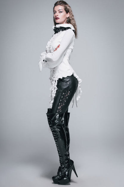 Victorian Lolita Blouse - Lace Up Chiffon Ruffled, White, Women's Style, Bow Detail - additional product view 3