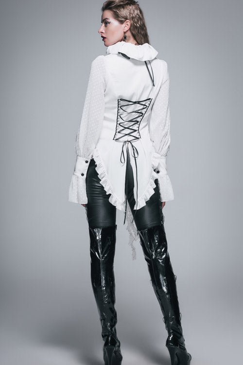 Victorian Lolita Blouse - Lace Up Chiffon Ruffled, White, Women's Style, Bow Detail - additional product view 4