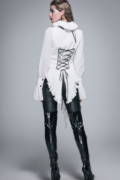 Victorian Lolita Blouse - Lace Up Chiffon Ruffled, White, Women's Style, Bow Detail - additional product view 4