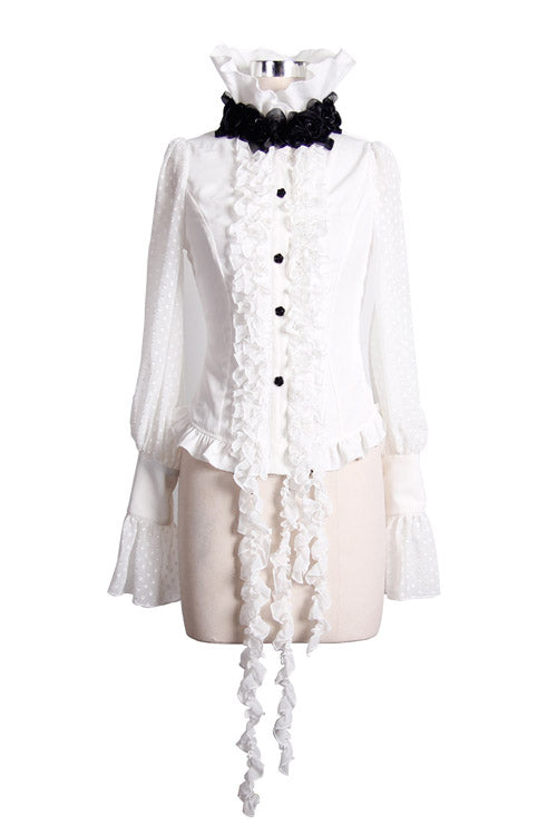 Victorian Lolita Blouse - Lace Up Chiffon Ruffled, White, Women's Style, Bow Detail - additional product view 5