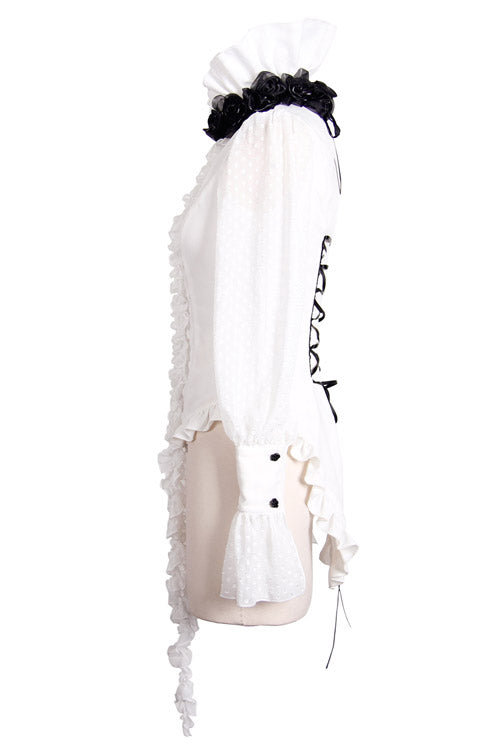 Victorian Lolita Blouse - Lace Up Chiffon Ruffled, White, Women's Style, Bow Detail - additional product view 6