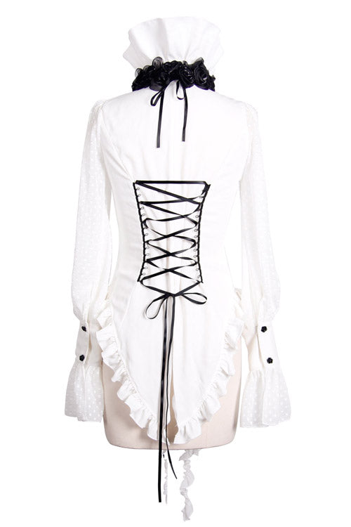 Victorian Lolita Blouse - Lace Up Chiffon Ruffled, White, Women's Style, Bow Detail - additional product view 7