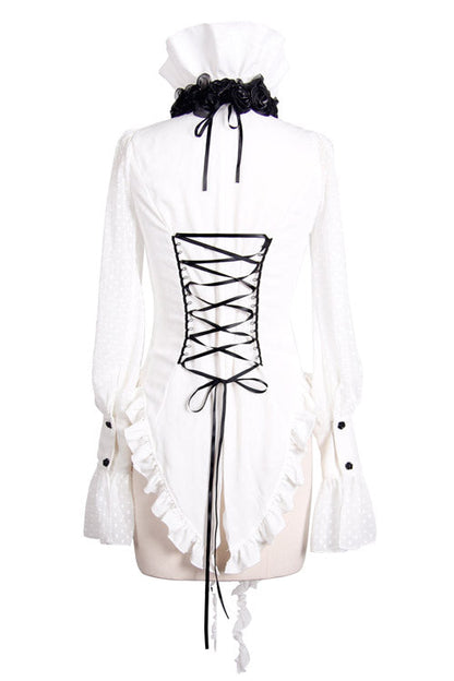 Victorian Lolita Blouse - Lace Up Chiffon Ruffled, White, Women's Style, Bow Detail - additional product view 7