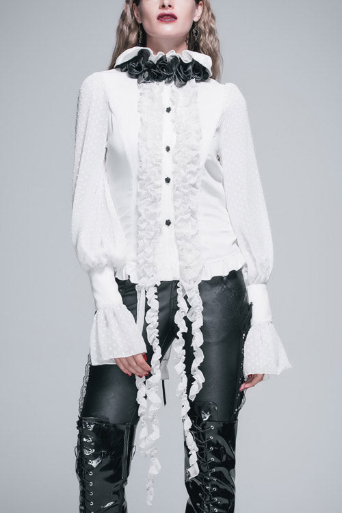 Victorian Lolita Blouse - Lace Up Chiffon Ruffled, White, Women's Style, Bow Detail - main product image