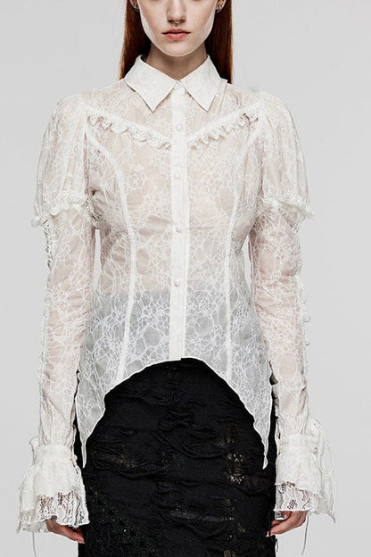 Victorian Lolita Blouse - Lapel Collar Print Stitching, 2 Colors, Women's Style - XS White / S White / M White option