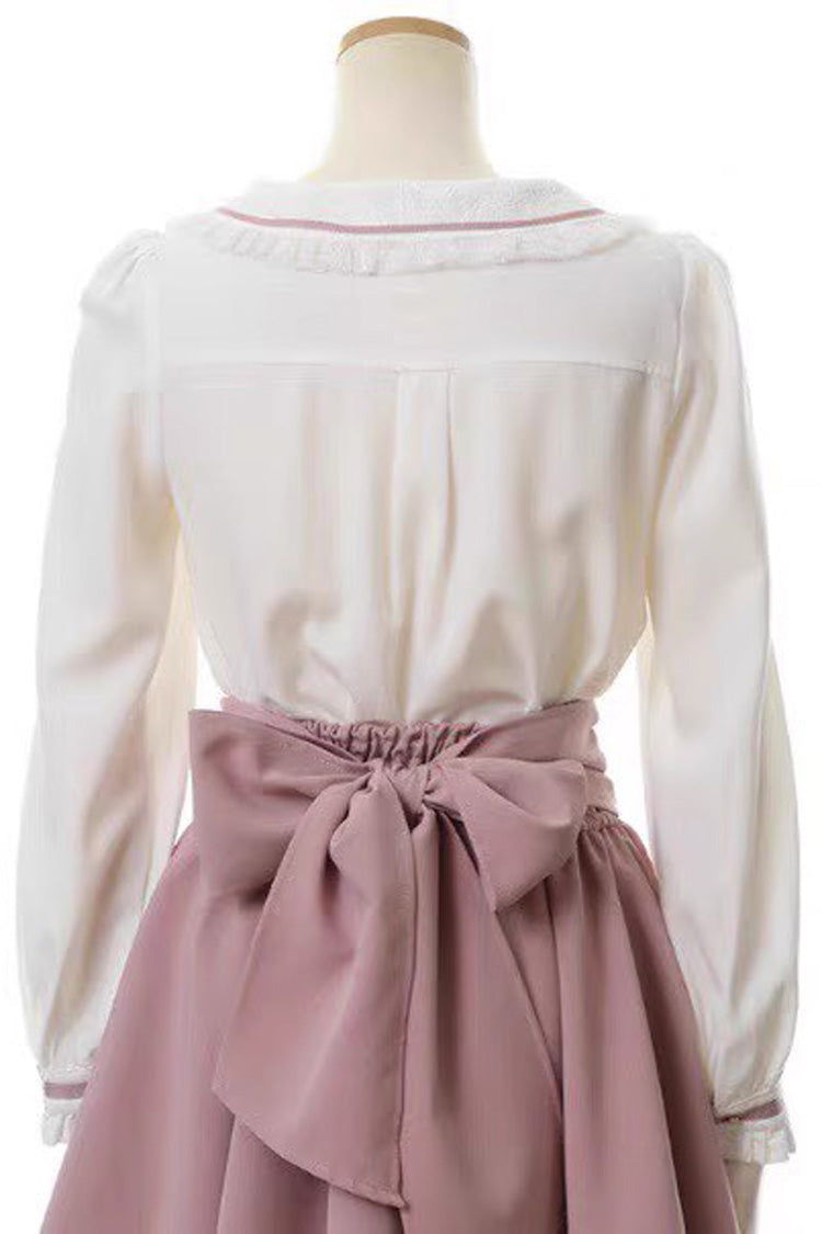 Victorian Lolita Blouse - Navy Collar, 2 Colors, Bow Detail, Lace Trim, Long Sleeves - additional product view 3