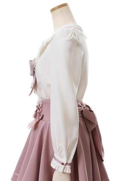 Victorian Lolita Blouse - Navy Collar, 2 Colors, Bow Detail, Lace Trim, Long Sleeves - additional product view 6