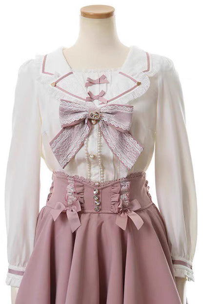 Victorian Lolita Blouse - Navy Collar, 2 Colors, Bow Detail, Lace Trim, Long Sleeves - additional product view 7