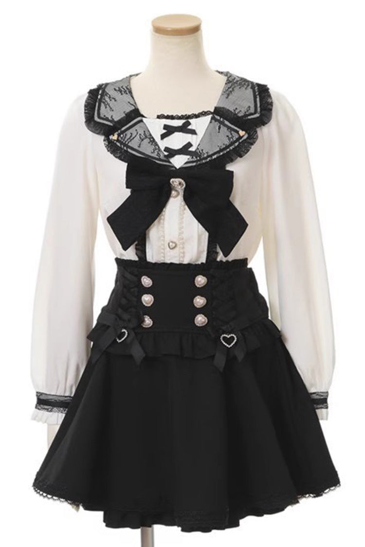 Victorian Lolita Blouse - Navy Collar, 2 Colors, Bow Detail, Lace Trim, Long Sleeves - main product image