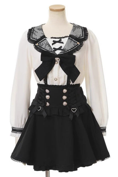 Victorian Lolita Blouse - Navy Collar, 2 Colors, Bow Detail, Lace Trim, Long Sleeves - main product image