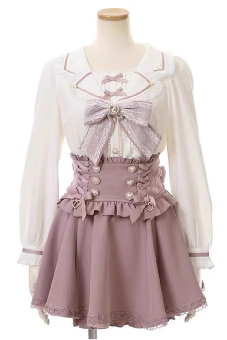 Victorian Lolita Blouse - Navy Collar, 2 Colors, Bow Detail, Lace Trim, Long Sleeves - S White/Pink / M White/Pink / L White/Pink option