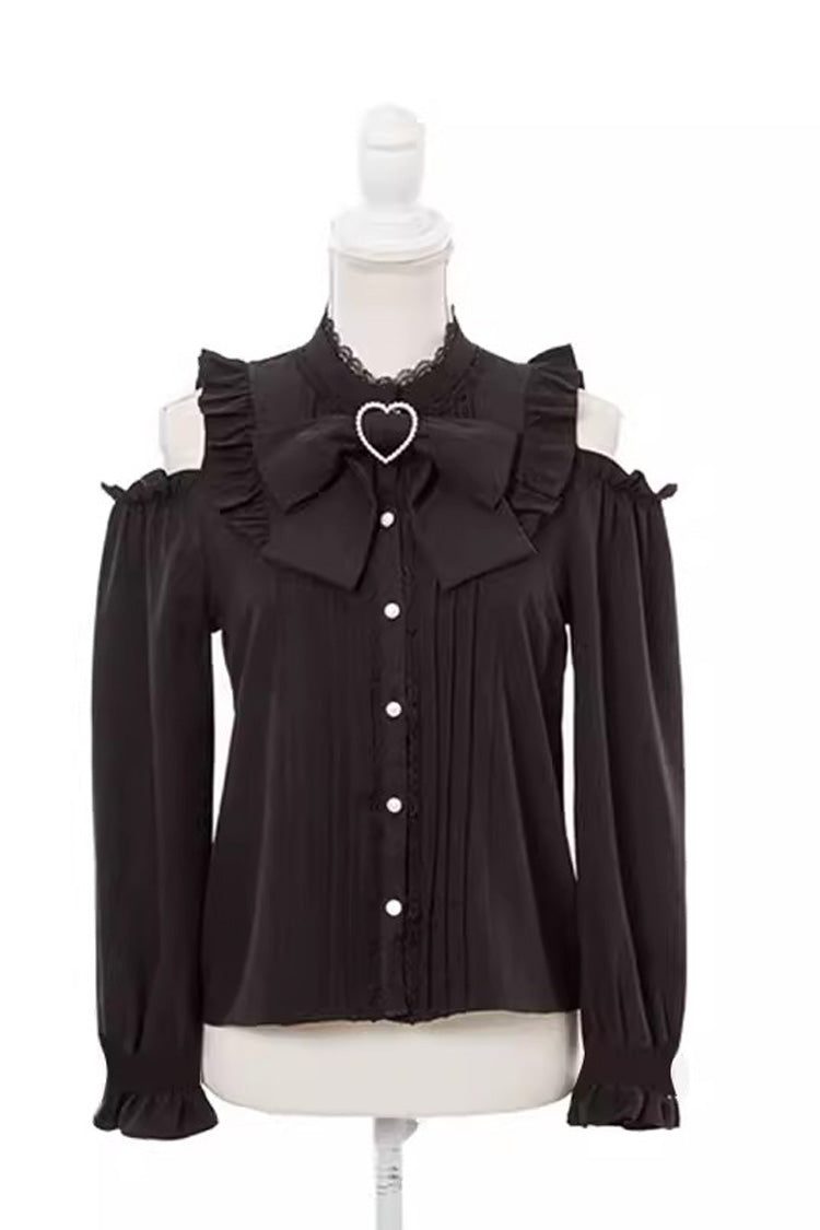 Victorian Lolita Blouse - Off Shoulder, 3 Colors, Long Sleeves, Bow Detail - S Black / M Black / L Black option