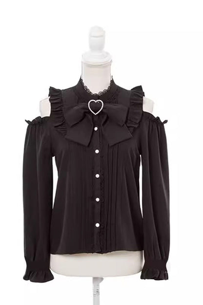 Victorian Lolita Blouse - Off Shoulder, 3 Colors, Long Sleeves, Bow Detail - S Black / M Black / L Black option