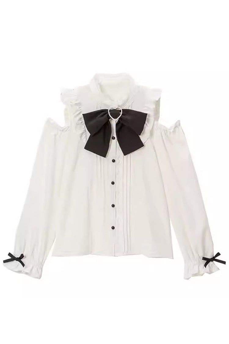 Victorian Lolita Blouse - Off Shoulder, 3 Colors, Long Sleeves, Bow Detail - S White / M White / L White option