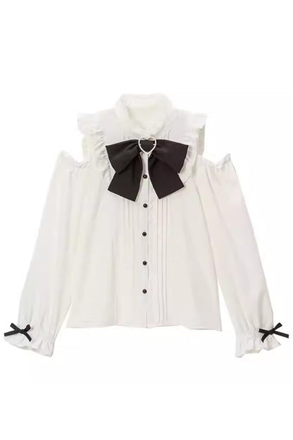 Victorian Lolita Blouse - Off Shoulder, 3 Colors, Long Sleeves, Bow Detail - S White / M White / L White option