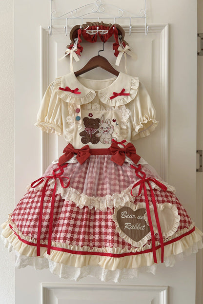 Victorian Lolita Blouse - Rabbit Bear Diary Plaid Print, 2 Colors, Plaid, Bow Detail - additional product view 2