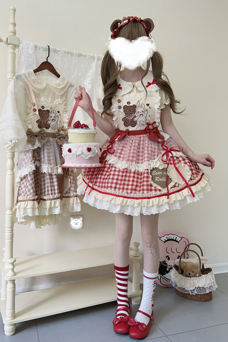 Victorian Lolita Blouse - Rabbit Bear Diary Plaid Print, 2 Colors, Plaid, Bow Detail - additional product view 4