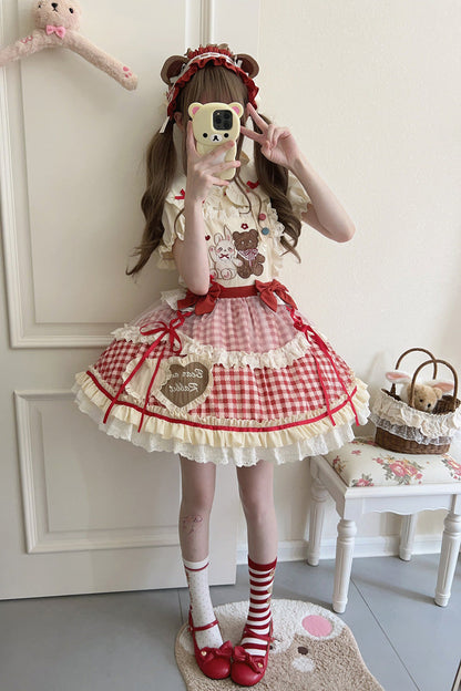 Victorian Lolita Blouse - Rabbit Bear Diary Plaid Print, 2 Colors, Plaid, Bow Detail - additional product view 5