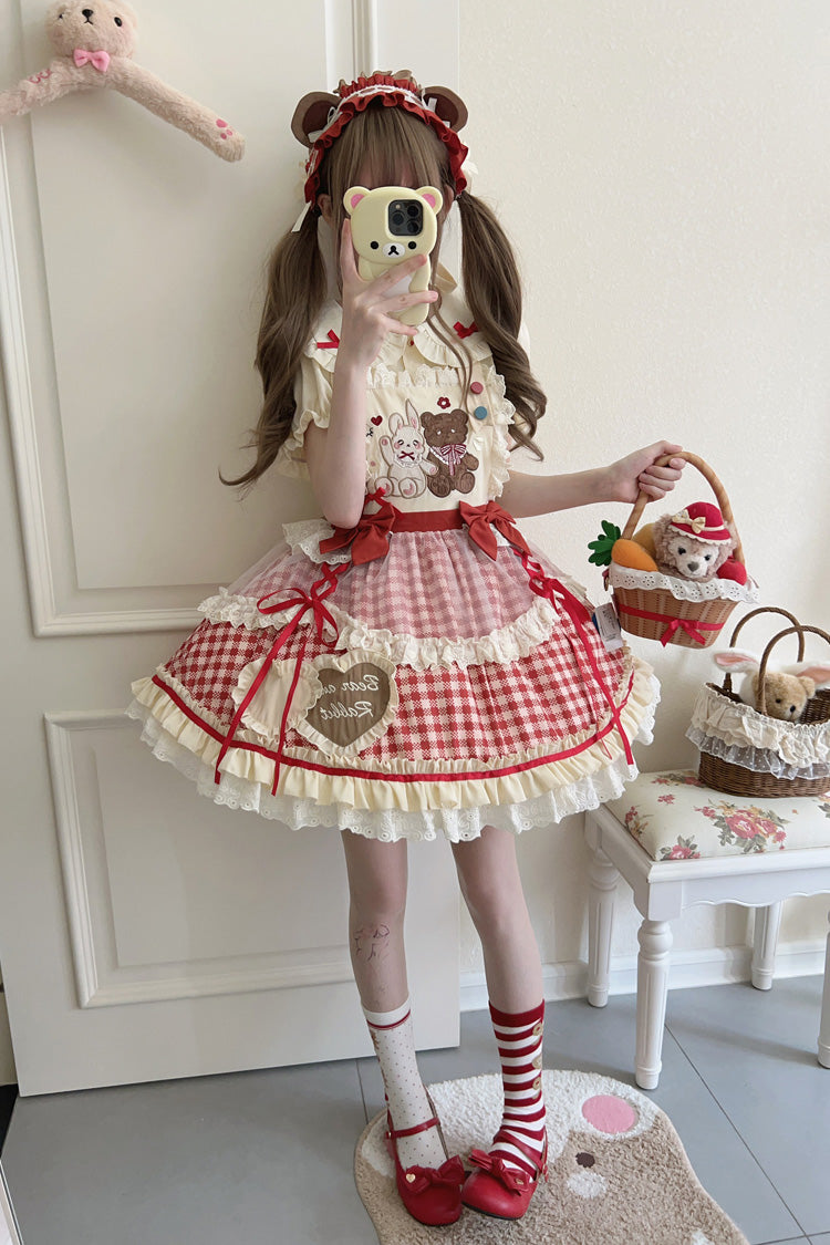 Victorian Lolita Blouse - Rabbit Bear Diary Plaid Print, 2 Colors, Plaid, Bow Detail - additional product view 6