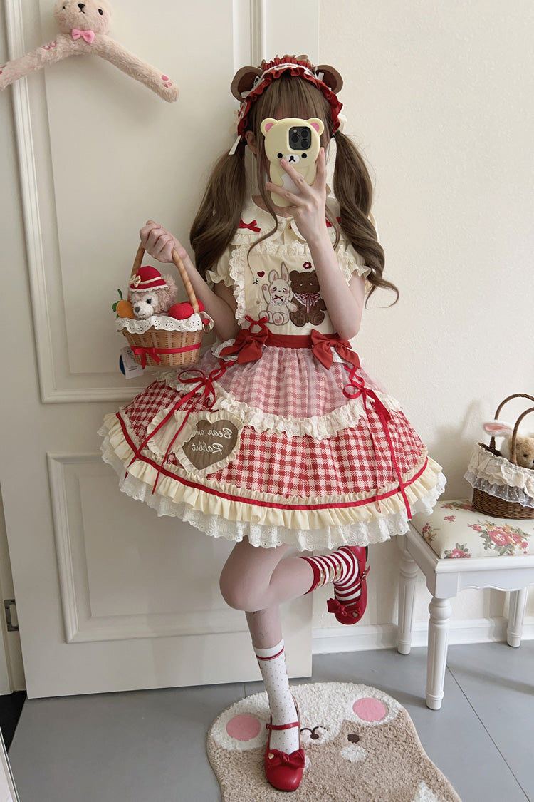 Victorian Lolita Blouse - Rabbit Bear Diary Plaid Print, 2 Colors, Plaid, Bow Detail - additional product view 7