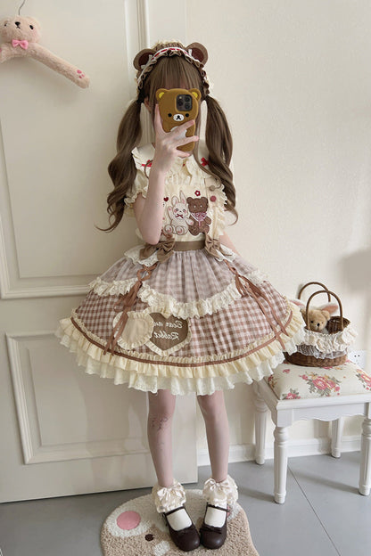 Victorian Lolita Blouse - Rabbit Bear Diary Plaid Print, 2 Colors, Plaid, Bow Detail - additional product view 8