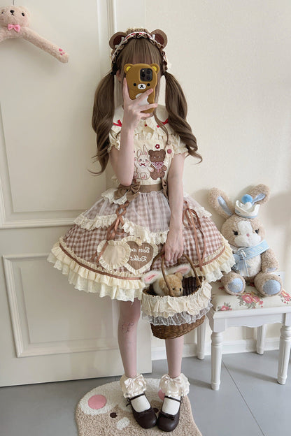 Victorian Lolita Blouse - Rabbit Bear Diary Plaid Print, 2 Colors, Plaid, Bow Detail - additional product view 11