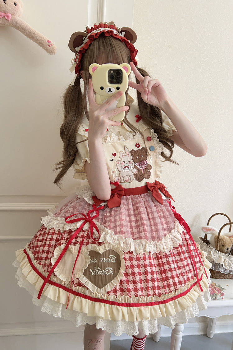 Victorian Lolita Blouse - Rabbit Bear Diary Plaid Print, 2 Colors, Plaid, Bow Detail - main product image