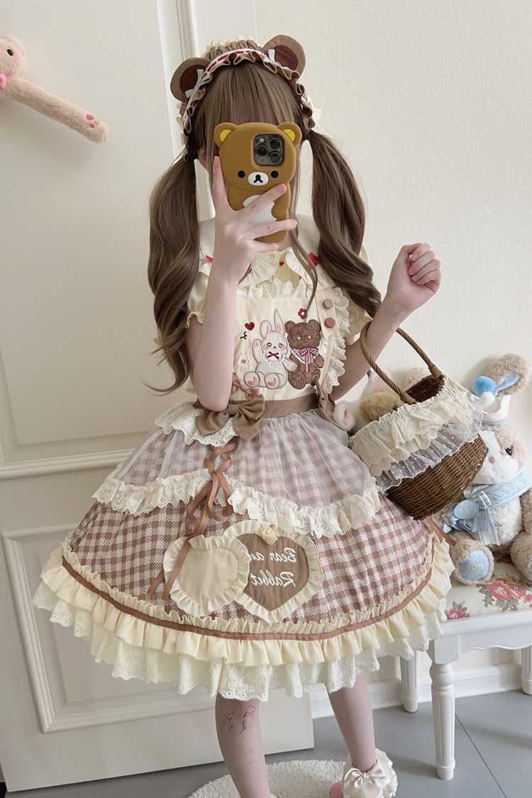 Victorian Lolita Blouse - Rabbit Bear Diary Plaid Print, 2 Colors, Plaid, Bow Detail - S Khaki / M Khaki / L Khaki option