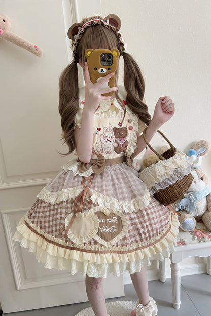 Victorian Lolita Blouse - Rabbit Bear Diary Plaid Print, 2 Colors, Plaid, Bow Detail - S Khaki / M Khaki / L Khaki option