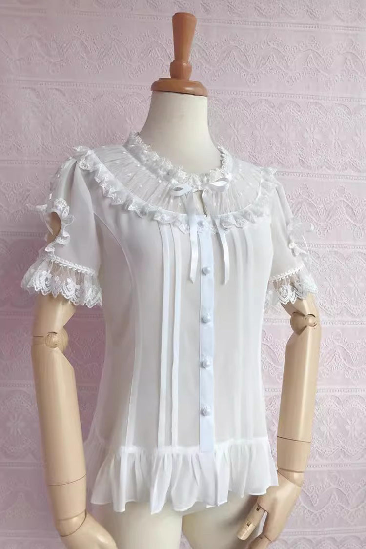 Victorian Lolita Blouse - Round Collar Puff Chiffon, 2 Colors, Puff Sleeves, Lace Trim - additional product view 3
