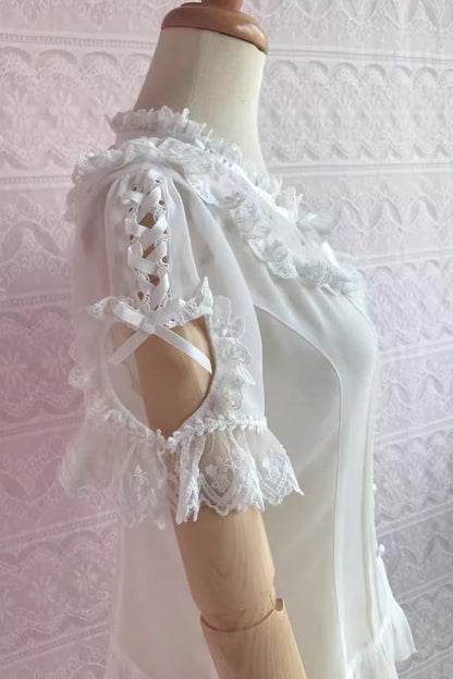 Victorian Lolita Blouse - Round Collar Puff Chiffon, 2 Colors, Puff Sleeves, Lace Trim - additional product view 5