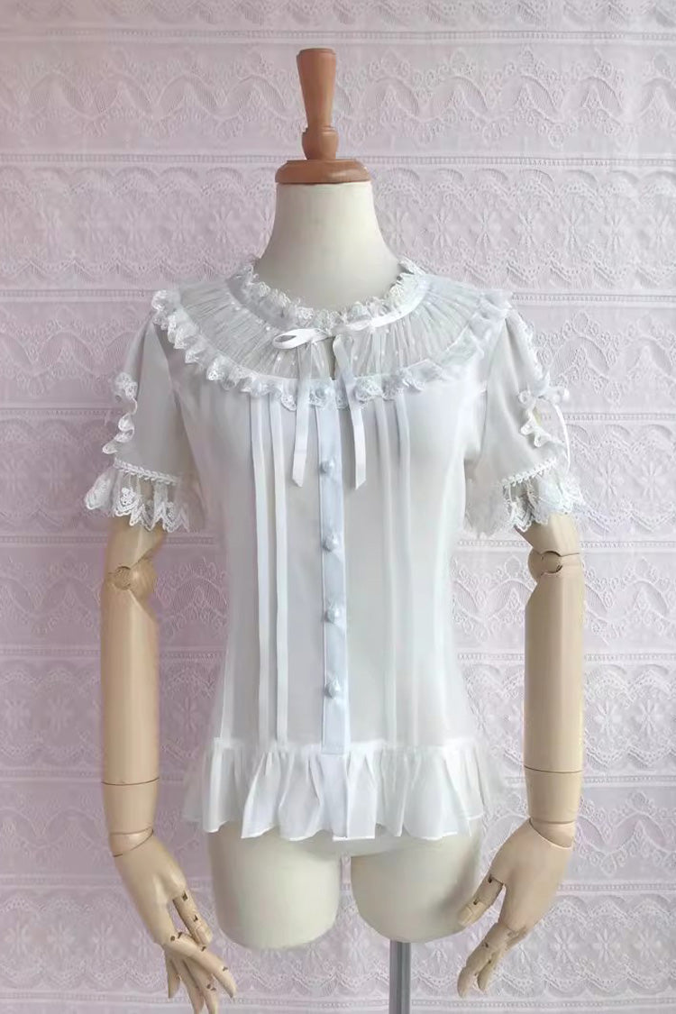 Victorian Lolita Blouse - Round Collar Puff Chiffon, 2 Colors, Puff Sleeves, Lace Trim - main product image
