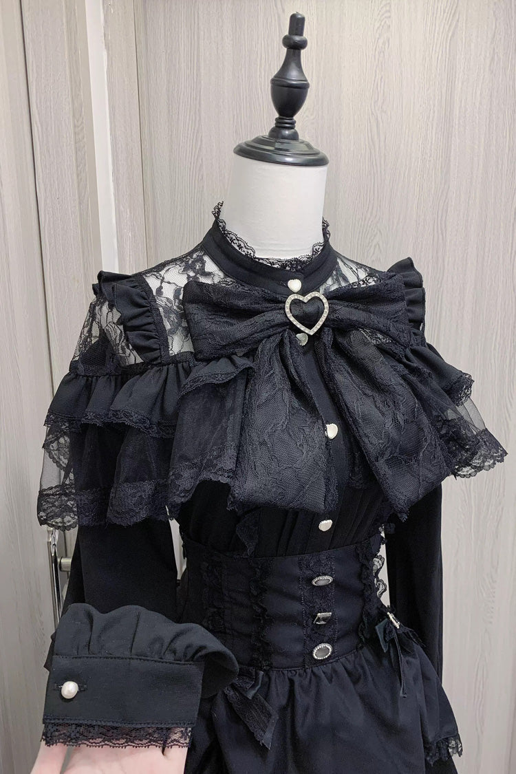 Victorian Lolita Blouse - Ruffle Bowknot Lace Jirai, 2 Colors, Bow Detail, Lace Trim - S Black Long Sleeve / M Black Long Sleeve / L Black Long Sleeve option
