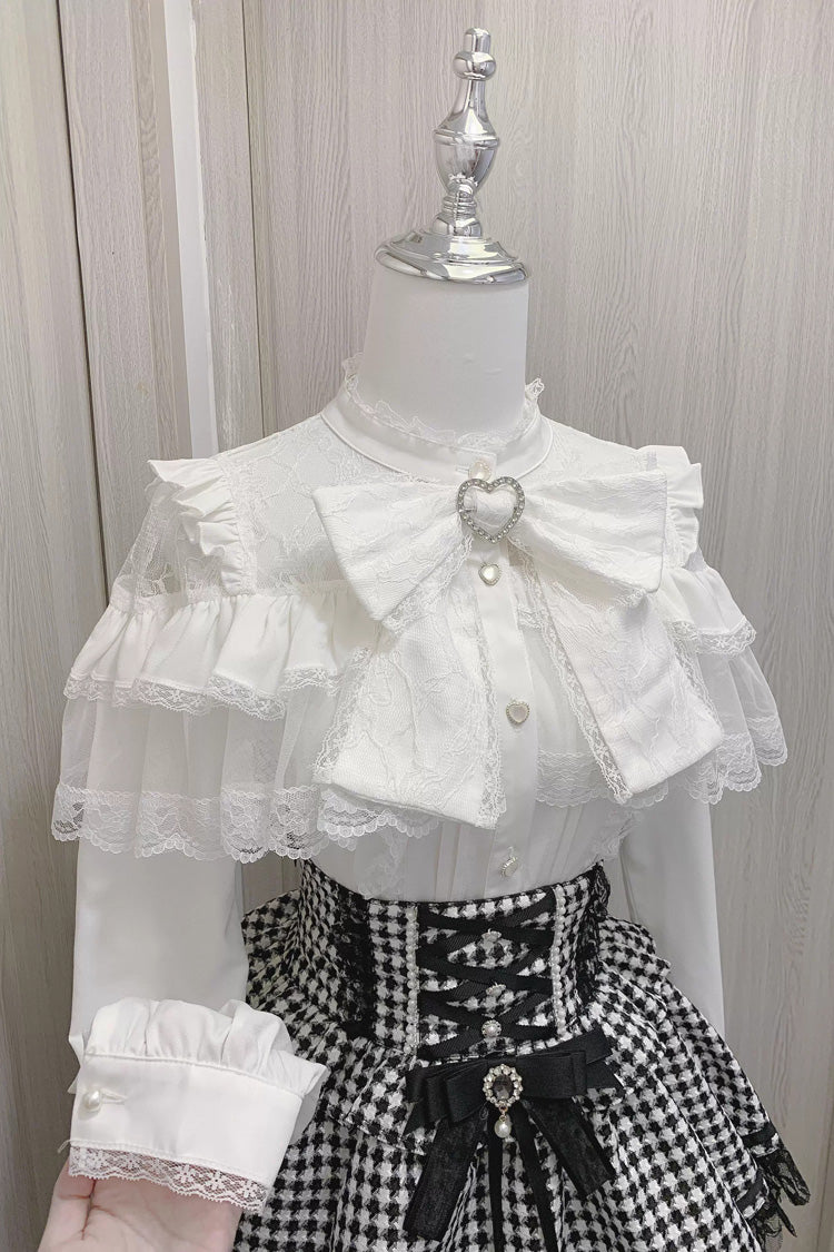 Victorian Lolita Blouse - Ruffle Bowknot Lace Jirai, 2 Colors, Bow Detail, Lace Trim - S White Long Sleeve / M White Long Sleeve / L White Long Sleeve option