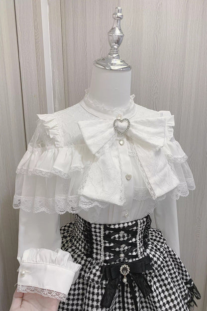 Victorian Lolita Blouse - Ruffle Bowknot Lace Jirai, 2 Colors, Bow Detail, Lace Trim - S White Long Sleeve / M White Long Sleeve / L White Long Sleeve option