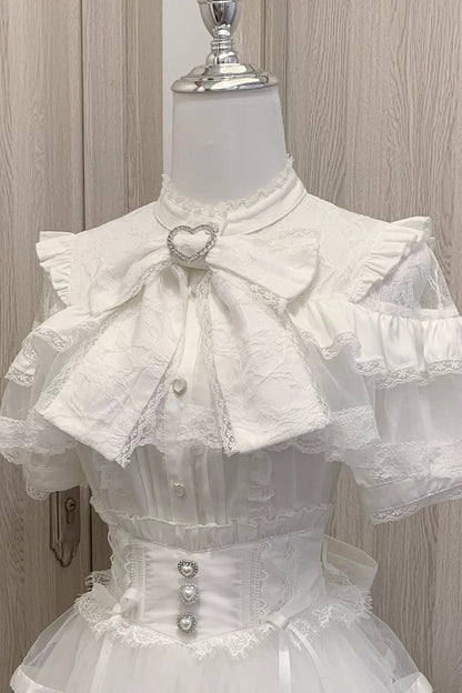 Victorian Lolita Blouse - Ruffle Bowknot Lace Jirai, 2 Colors, Bow Detail, Lace Trim - S White Short Sleeve / M White Short Sleeve / L White Short Sleeve option