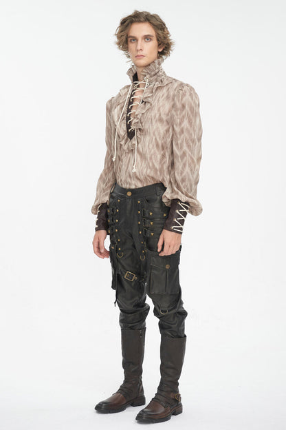 Victorian Lolita Blouse - Ruffle Stand Collar Print, Brown, Stand Collar, Men's Style - additional product view 3