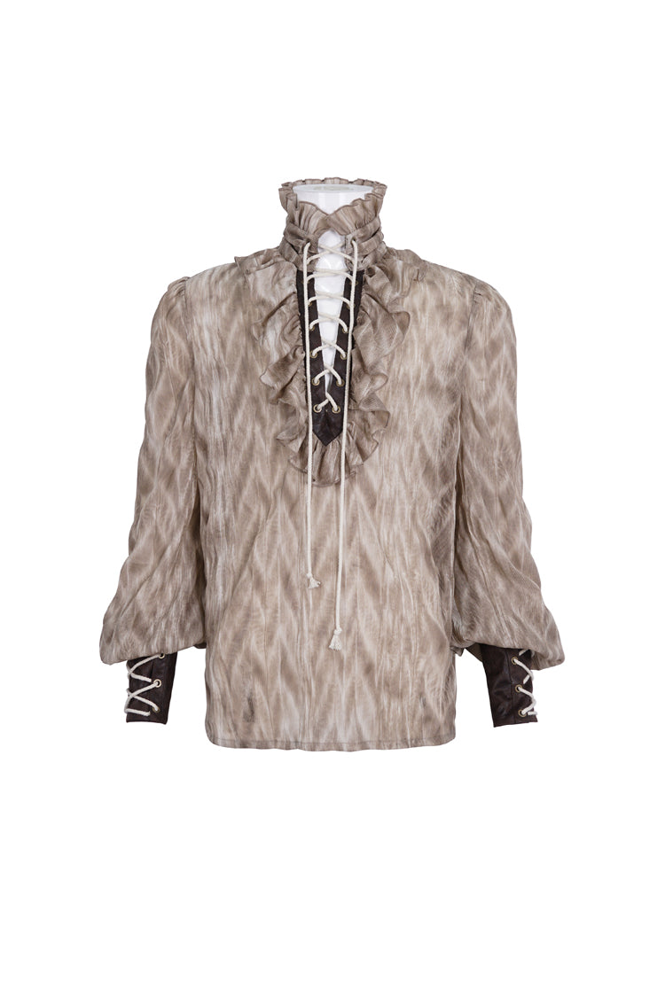 Victorian Lolita Blouse - Ruffle Stand Collar Print, Brown, Stand Collar, Men's Style - additional product view 5