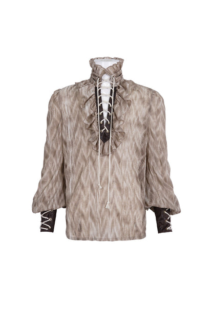 Victorian Lolita Blouse - Ruffle Stand Collar Print, Brown, Stand Collar, Men's Style - additional product view 5