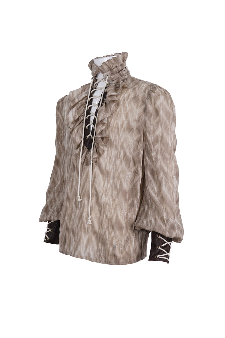 Victorian Lolita Blouse - Ruffle Stand Collar Print, Brown, Stand Collar, Men's Style - additional product view 6