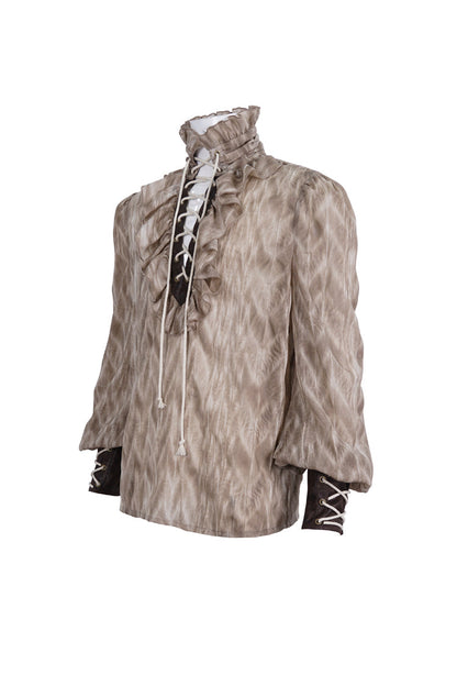 Victorian Lolita Blouse - Ruffle Stand Collar Print, Brown, Stand Collar, Men's Style - additional product view 6