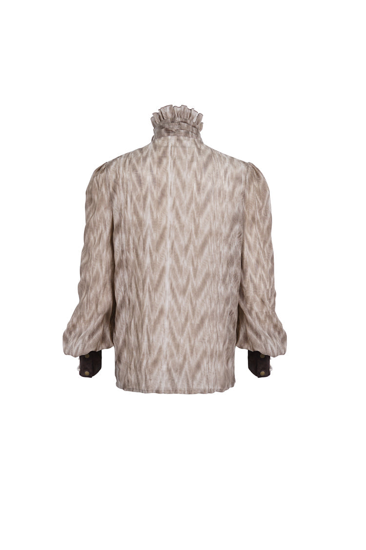 Victorian Lolita Blouse - Ruffle Stand Collar Print, Brown, Stand Collar, Men's Style - additional product view 7